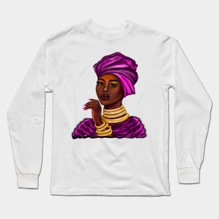 Queen Black is beautiful iii black girl with Gold bangles, neck ring necklace, purple dress and head wrap, brown eyes and dark brown skin ! Long Sleeve T-Shirt